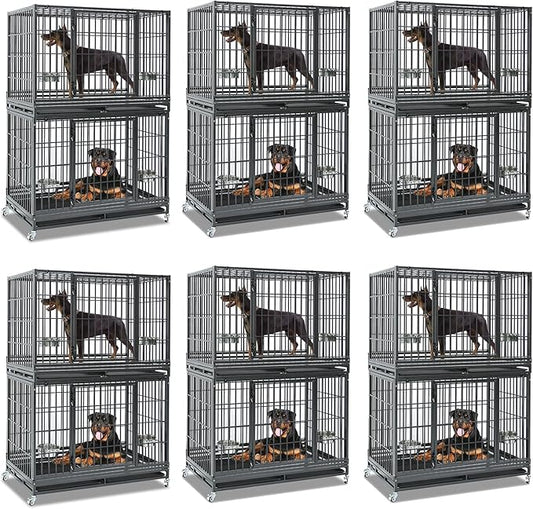Homey Pet Two Tiers 47 Inch Heavy Duty Indestructible Dog Crate, Stackable Escape Proof Dog Cage Kennel Indoor with Two Removable Trays, Metal Grids, Wheels, Bowls, Double Doors for Large Dogs(6 Pack)