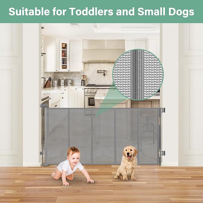 Reinforced 26 Inch Tall Retractable Child Gate to Step Over 55" Wide Small Retractable Baby Gates for Stair Retractable Dog Gate Short Mesh Dog Gate Retractable Toddler Gates for Doorways Doggy Gate