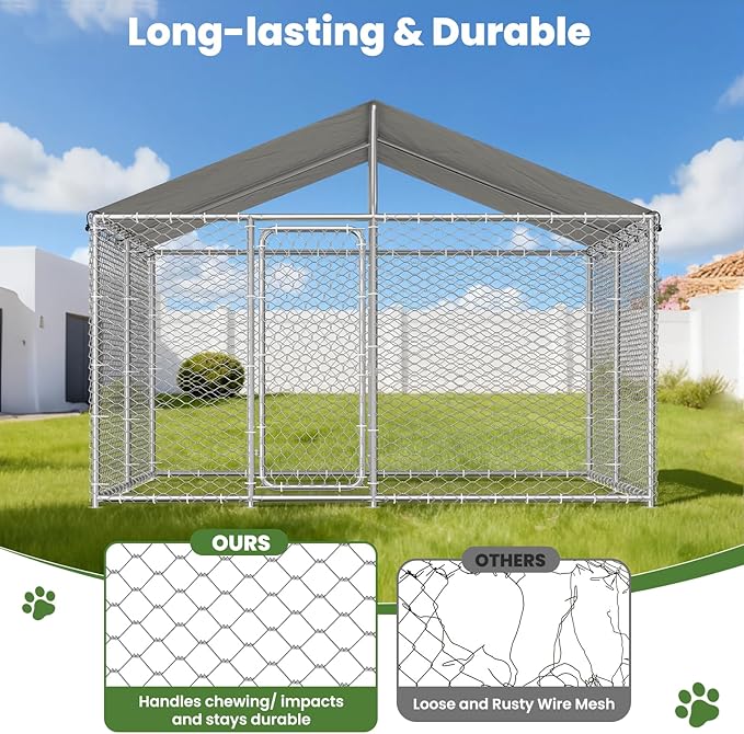 10x10 FT Outdoor Dog Kennel with Waterproof Roof - Heavy Duty Metal Exercise Pen, Weatherproof UV-Resistant Cover & Secure Locking for Large Dogs（124 x 124 x 87IN）