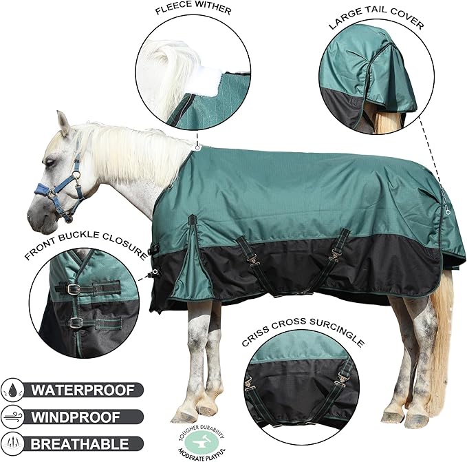 1200D Ripstop Waterproof Breathable Horse Blanket (200g Fill), Medium Weight Warm Winter Turnout, Thermal Protection for Cold & Snow Greenblack 72"