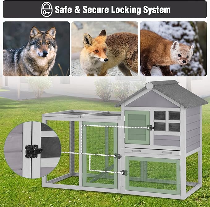 Large Rabbit Hutch Outdoor Indoor, Bunny Cage with 4 Access Areas & Pull-Out Leak-Proof Trays, Waterproof Roof Wooden Bunny Hutch for 1-2 Rabbits, Guinea Pigs, Chickens
