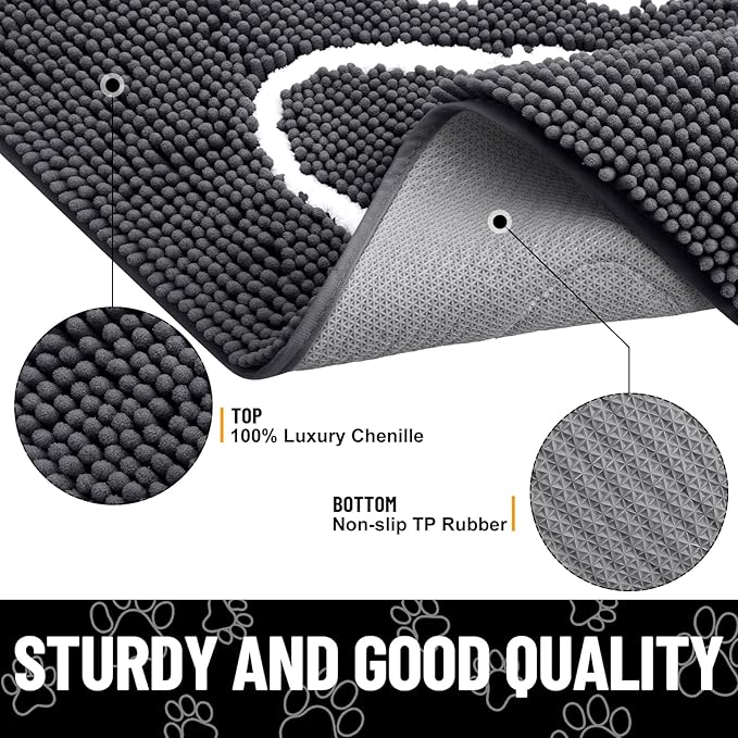 Smiry Dog Door Mat for Muddy Paws, Absorbent Dirt Trapper Non Slip Quick Dry Washable Chenille Mat for Mud Dogs, Entry Rug for Indoor and Outdoor (44x24 Inches, Dark Grey and White)