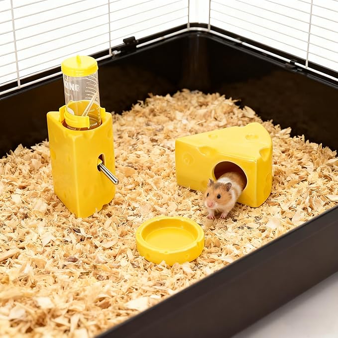 Ceramic Hamster Habitat Set, 3-Piece Cute Cheese Design – Water Bottle (3.9oz), Food Bowl & Cooling Hideout House for Dwarf Hamsters, Gerbils, and Small Pets – Easy to Clean & Chew-Resistant