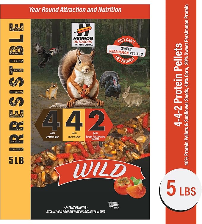 Herron Outdoors 4-4-2 Wildlife Feed- Squirrel Food with Persimmon Flavored Protein Pellets, Corn Balanced Diet Formula Attracts 28 Species Ideal for Bird & Squirrel Feeders- 5lbs