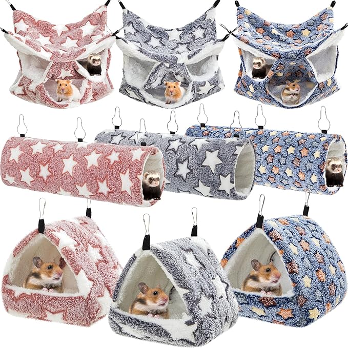 Abbylike 9 Pieces Rat Hammock 3 Tier Guinea Pig Ferret Hammocks Small Pet Hanging Tunnel Glider Toy Guinea Pig Ferret Hideout Bed Cage Accessories for Hamster(Navy,Grey,Pink,Star)