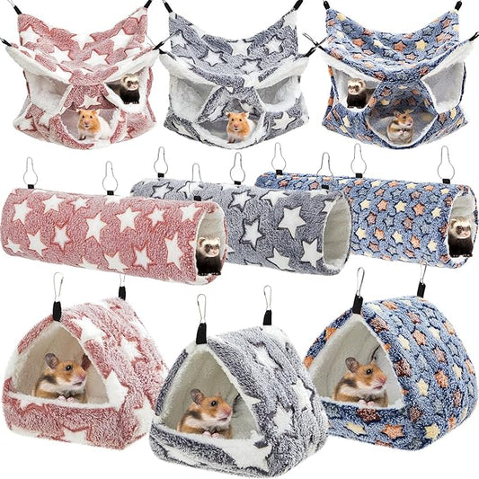 Abbylike 9 Pieces Rat Hammock 3 Tier Guinea Pig Ferret Hammocks Small Pet Hanging Tunnel Glider Toy Guinea Pig Ferret Hideout Bed Cage Accessories for Hamster(Navy,Grey,Pink,Star)