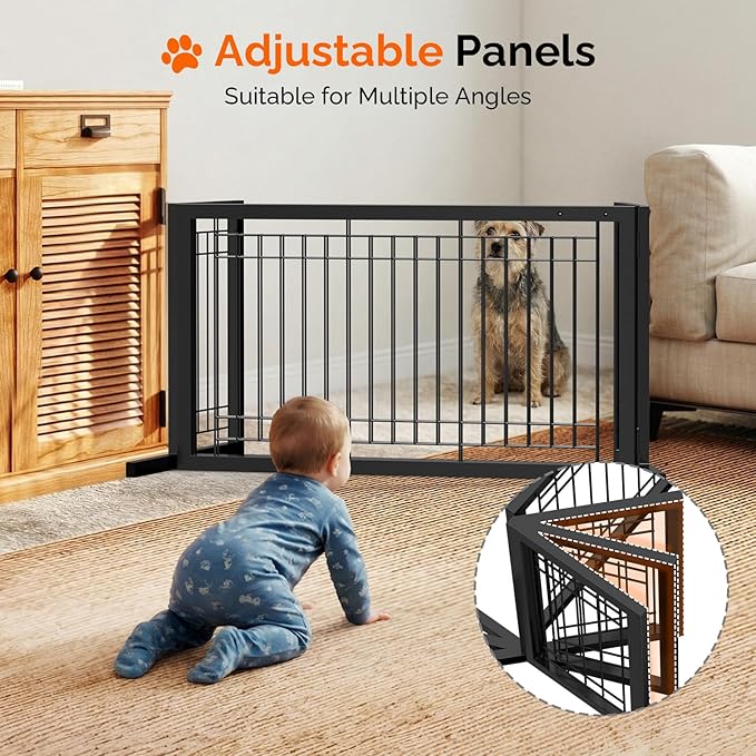 Bonnlo Free Standing Dog Gate, 37" - 68" Wide Pet Gate for Fireplace Stairs Doorways, Metal Adjustable Pet Fence Indoor, Christmas Tree Gate (Metal-Black)