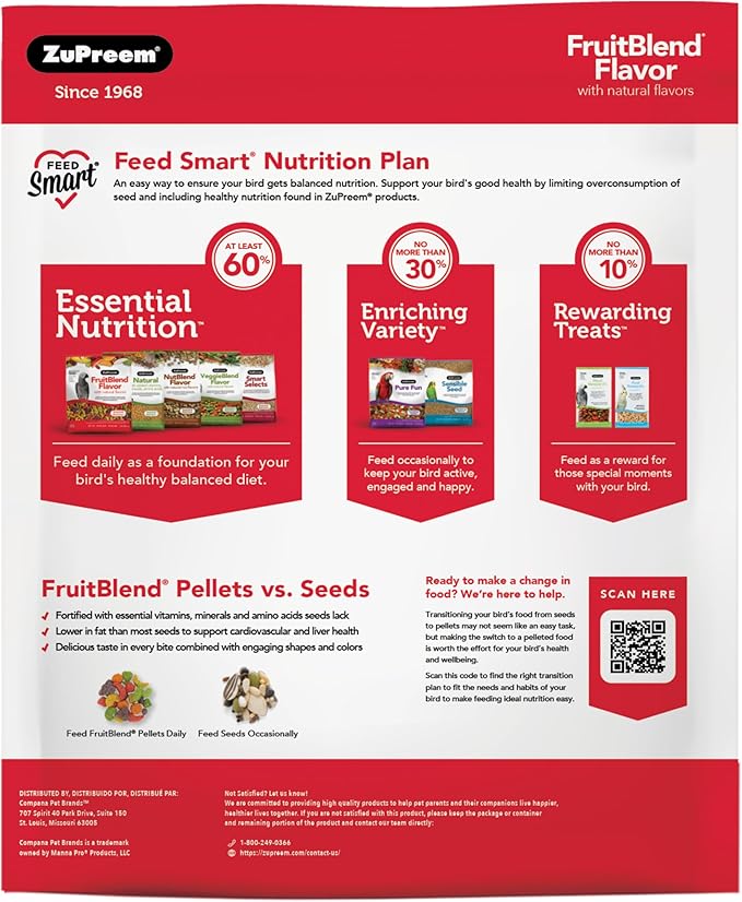 ZuPreem FruitBlend Bird Food, Bird Feed Pellets for Cockatiel, Lovebird, Quaker, Small Conure, Lorikeet, ZuPreem Core Nutrition with Natural Fruit, Cockatiel Food, Conure Feed, (Medium, 10 lb Bag)