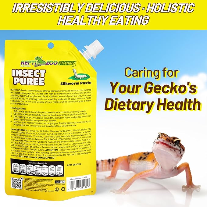 Crested Gecko Food, Silkworm Paste Reptile Food Made with Fresh Insects Gecko Food Complete Diet 2.82oz
