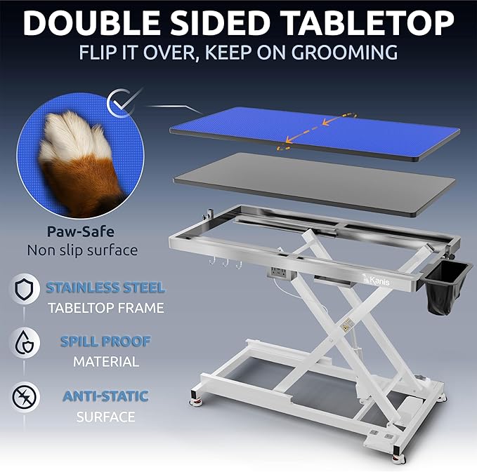KANIS Professional Electric Dog Grooming Table - Heavy Duty, Height Adjustable Pet Grooming Table w/Leveling Wheels, Grooming Arm, Anti Slip Tabletop & Tool Organizer/Dog Grooming Station (White, 49")