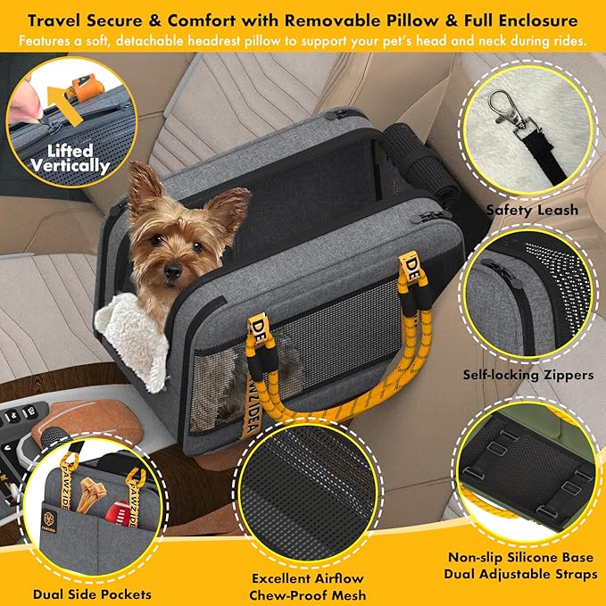 PAWZIDEA Center Console Dog Car Seat, Enclosed Small Dog Armrest Booster Carseat, Secure Straps &Anti Slip, Portable TSA Approved Puppy Pet Carrier Soft-Sided, Removable Pillow Storage Pocket, up 12lb