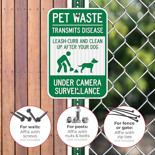 Pet Waste Leash-Curb and Clean Up After Your Dog Under Camera Surveillance Sign, (SI-63188) 12x18 Inches, 3M EGP Reflective .063 Aluminum, Fade Resistant, Made in USA