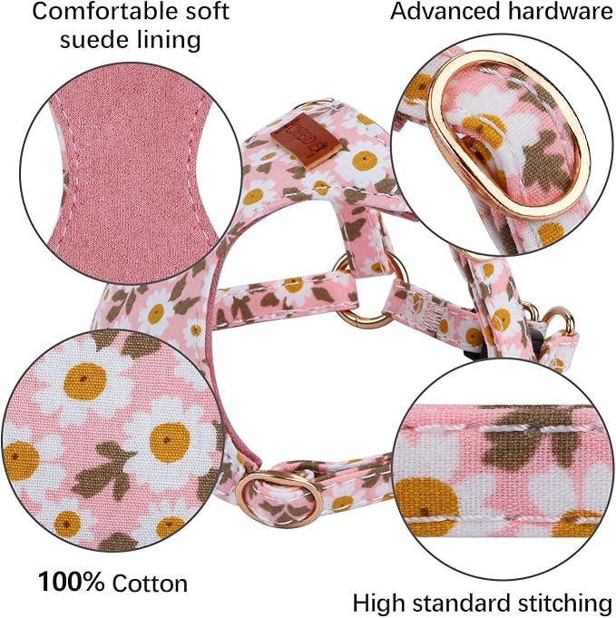 CHEDE No Pull Floral Pattern Dog Harness- Lightweight, Soft, Adjustable Small Harness and Leash Set, Suitable for Puppy Small and Medium-Sized Dog (M, Pink Daisy)
