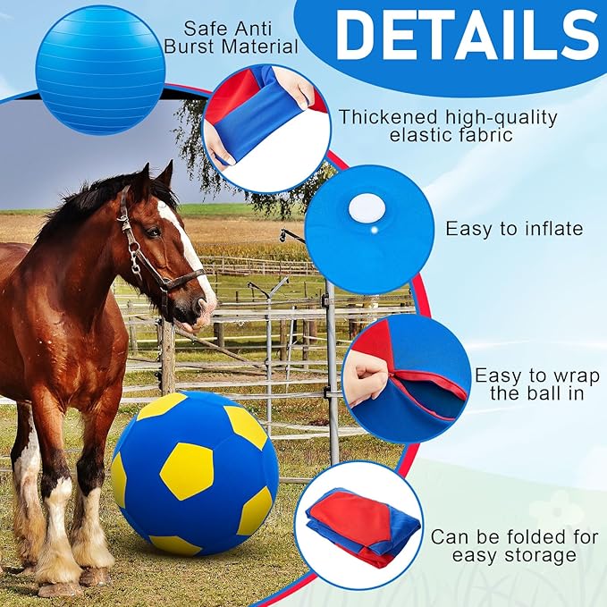 2 Set Giant 40" Herding Ball with Cover Anti Burst, Waterproof Durable Large Horse Toy, Please Watch VCR for Inflating Horse Toys for Equine Pasture Stall Outdoor, Pump Included(Blue, Yellow)