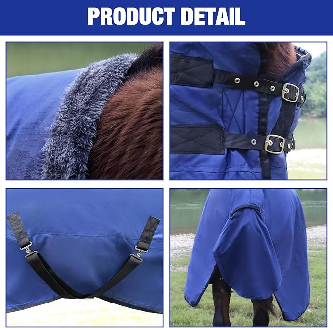 Horse Blankets Winter for Real Horses, 1600D Waterproof Poly Rain Sheets 79 Inch with Neck Cover Belly Wrap Tail Wrap Turnout Blanket, Horses Stuff Care Medium Large Weight Heavy Outdoor Clothes Blue