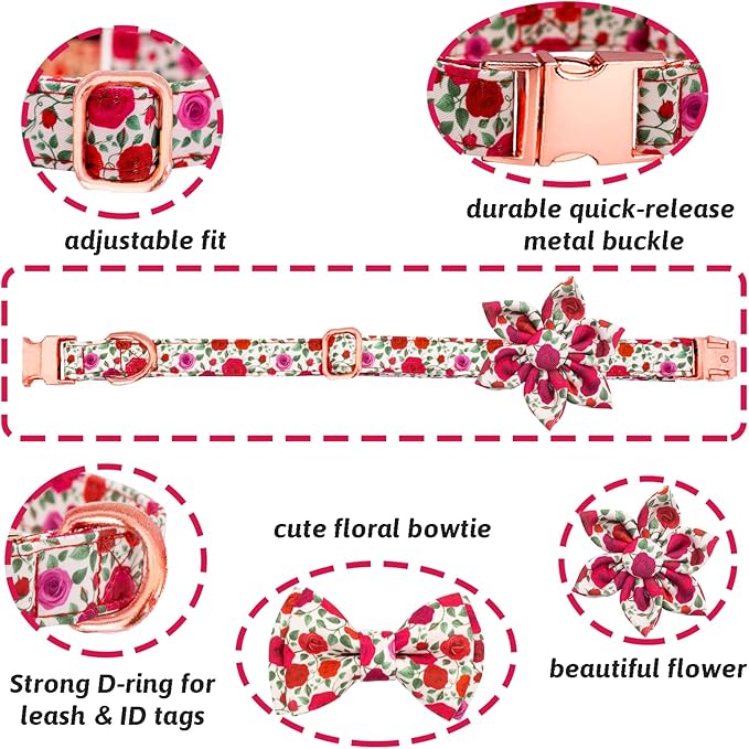 Dog Collar and Leash Set Girls Adjustable Puppy Collars with Floral Bow Tie for Small Medium Large Female Dogs, Red Rose, L