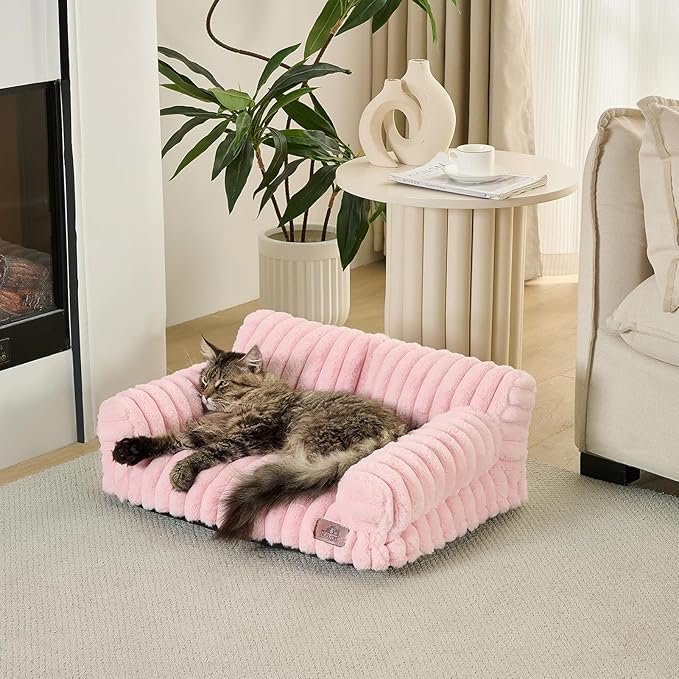 Hollypet Fluffy Dog Cat Bed Pet Couch Beds Plush Soft Warming Washable Puppy Bed for Small Medium Dogs and Large Cats, Light Pink, 24" L x 18" W x 10" Th