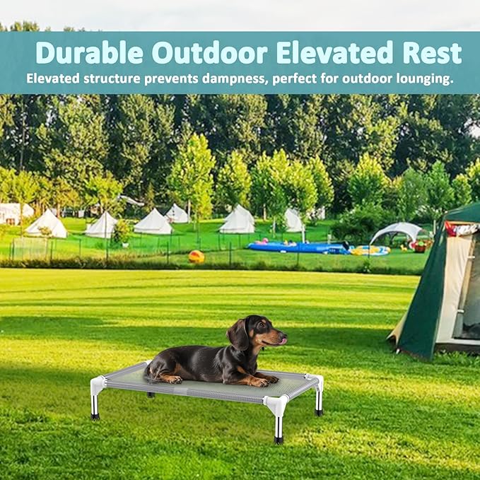 Elevated Dog Bed with Teslin Cooling Fabric - Lightweight Dog Cot for Small/Medium Dogs, Waterproof & Washable Breathable Mesh, Raised Pet Bed for Indoor Outdoor Use, Anti-Slip, Easy to Clean