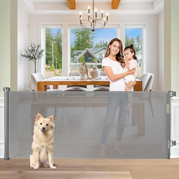 Retractable Baby Gates 65" Wide Baby Gate for Stairs Retractable Dog Gate Indoor Mesh Pet Gate Outdoor Retractable Gate Stair Gates for Kids or Pets Child Gate Dog Gates for Doorways, Decks, Gray