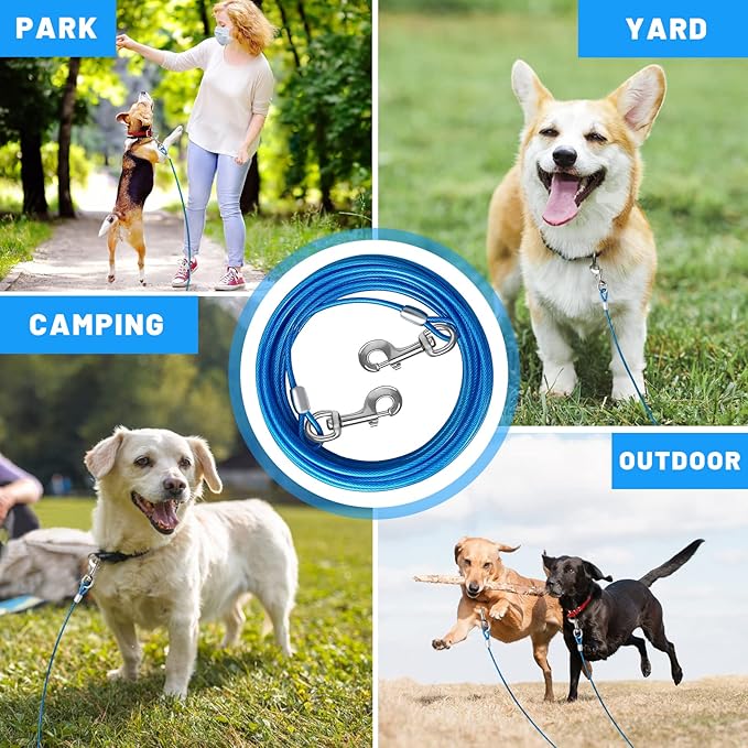 Dog Tie Out Cable 10/15/20/25/30/50 FT Runner for Yard Steel Wire Cable Blue Dog Chains for Outside Dogs Lead for Large Dogs Up to 165 lbs