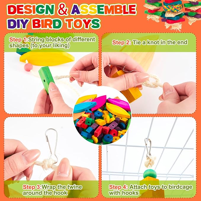 Shappy DIY Bird Toy Making Kit for Parrot 228 Pcs Colorful Multi-Shaped Wood Blocks, DIY Bird Cage Chewing Toys Kit Biting Tearing Playing Training Gifts for Parakeet, Macaws, Cokatoos, African Grey