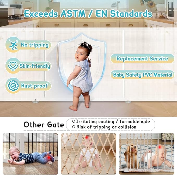 200'' Retractable Baby Gates Extra Wide, 42'' Extra Tall Retractable Dog Gate, 16 FT White Indoor/Outdoor Retractable Gate with Reinforcement Rods for Garage, Doorways, Stairs, Decks, Driveway, Patio