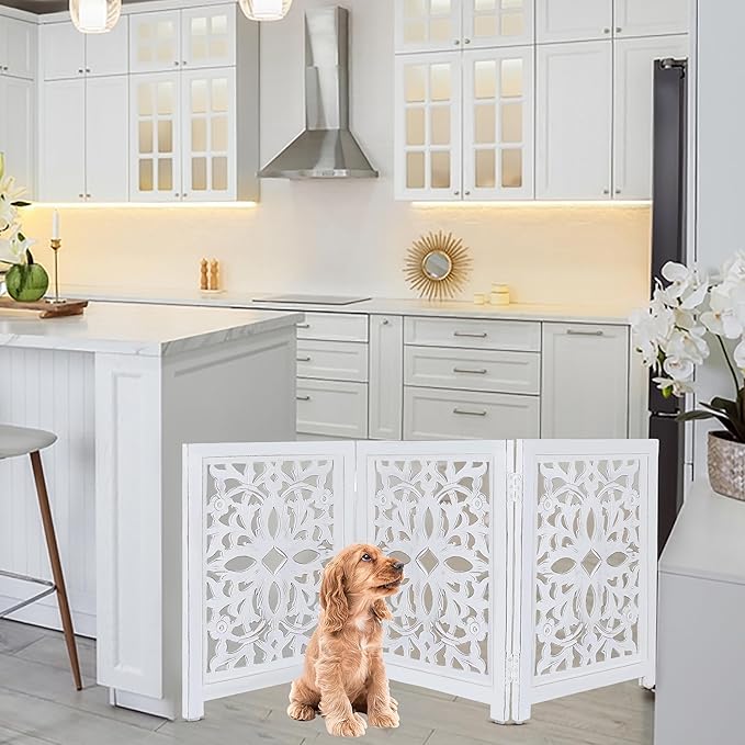 Lightnpro Foldable Carved Wooden Dog Gate - Freestanding Indoor Pet Safety Barrier, Adjustable Decorative Dog Fence for Stairs, Doorways & Hallways - 24x18 Inch Antique White