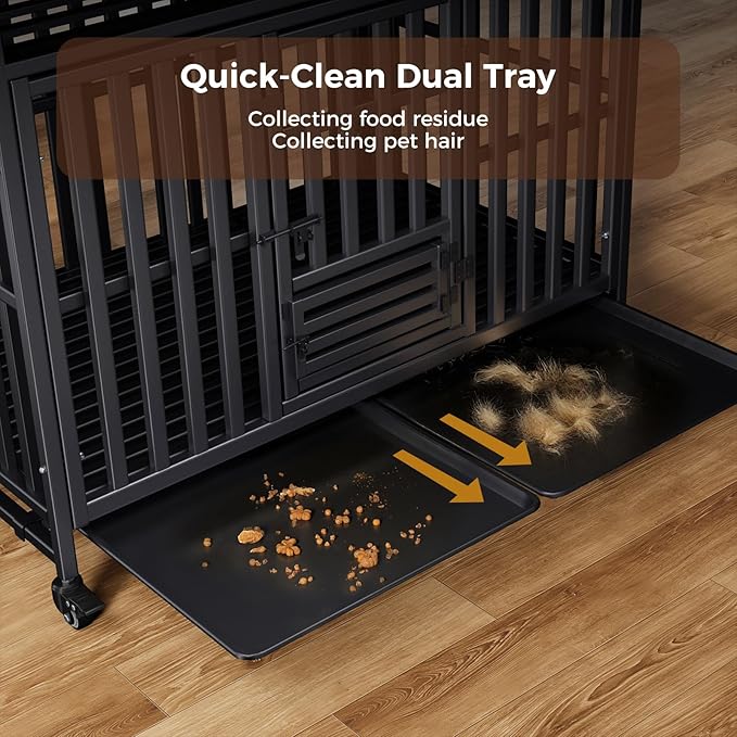 Heavy Duty Dog Crate, Escape-Proof Indestructible Cage for High-Anxiety Dogs, 3-Door Kennel with 4 Lockable Wheels and 2 Removable Trays Ideal for Large & Medium Breeds (49in)