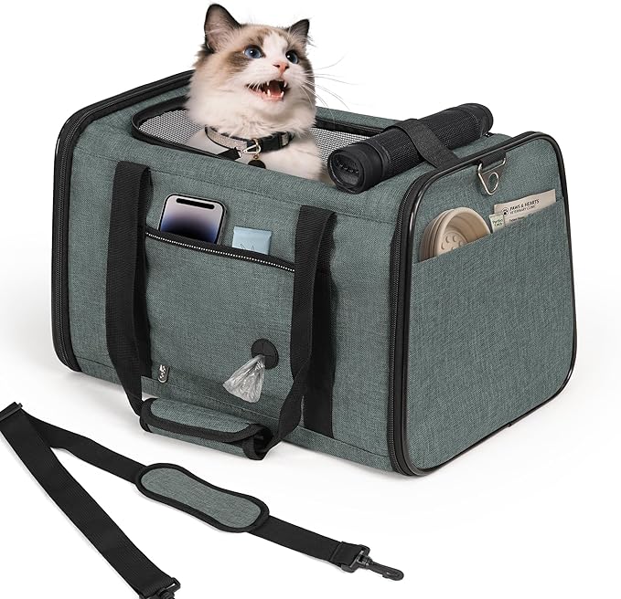 YUDODO 25 lbs Lightproof Soft Sided Pet Carrier for Large Cat & Small Dog Airline Approved Travel Puppy Carrier with Side Pockets & Reflective Mesh, Foldable Portable for Outdoor Car Grey Green