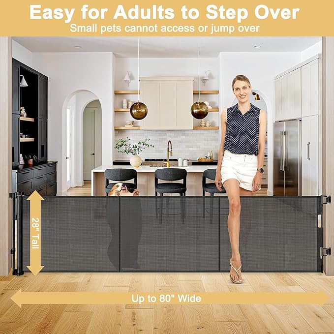 Reinforced 28" Tall Dog Gate 80" Wide Retractable Baby Gate, Easy Step Over Pet Gate Indoor Outdoor Retractable Gate with Support Rods, Short Baby Gate Stair Gate, Puppy Gates for The House, Black
