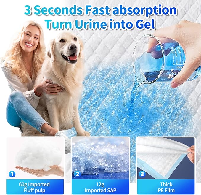 Upgrade Leak-Proof Pet Training and Puppy Pads, Jumbo Pee Pads for Dogs with Thicken Polymer Heavy Absorbency, Quick Dry Disposable Pee Pads for Cats Dogs