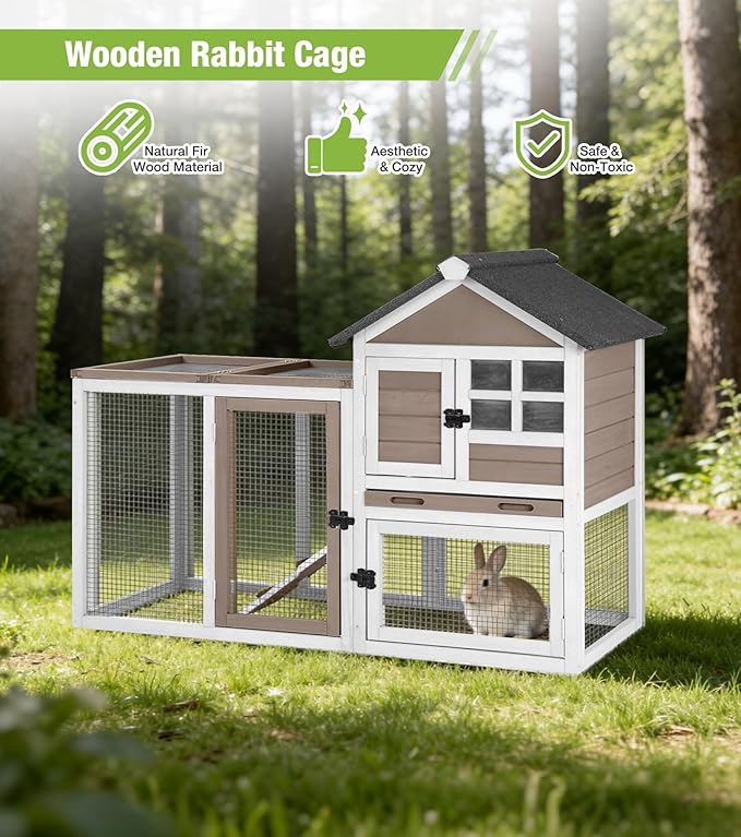 GUTINNEEN Rabbit Hutch Outdoor Rabbit Cage Indoor 51.6" L Waterproof Bunny Cage with Chew-Proof Ramp and Lockable Doors for Indoor Outdoor Use Brown