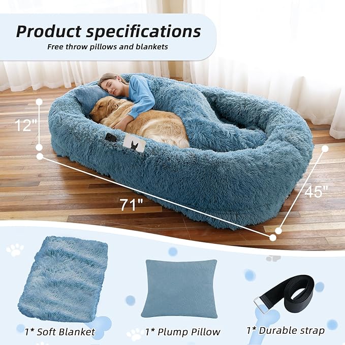 Human Dog Bed, 71''x45''x12'' Size Fits You and Pets, Washable Faux Fur Pet Bed for People Doze Off, Napping Orthopedic Dog Bed, Present Plump Pillow, Blanket, Strap - Navy