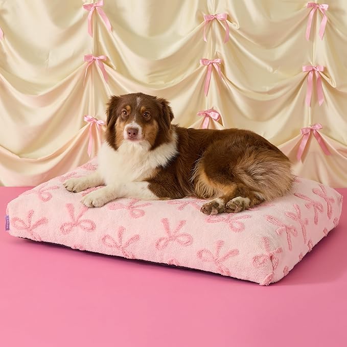 LE SURE Dog Beds Large Sized-Thick Shredded Chopped Foam Pet Bed as Gift for Indoor with Removable Cover, Cute Modern Fuzzy Plush & Anti Slip Bottom,Bow Pink