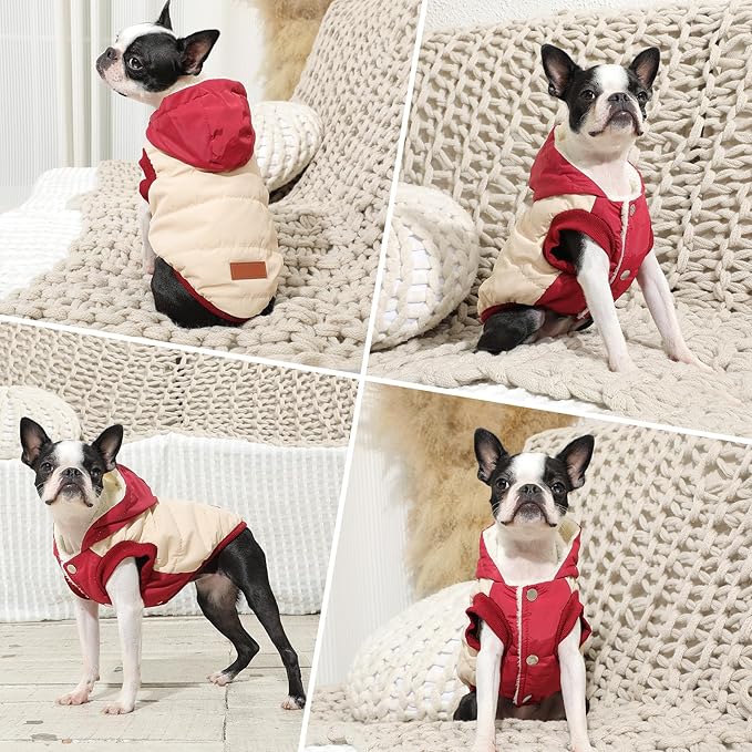 Vecomfy Fleece Lining Extra Warm Dog Hoodie in Winter for Small Dogs Jacket Puppy Coats with Hooded,Beige and Red M