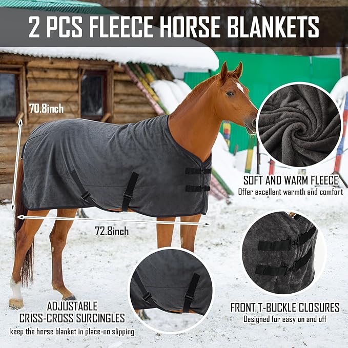 2 Pack 72.8 Inch Fleece Horse Cooler Blankets Cooling and Quick-Dry Horse Cooler Sheet with Double Side Anti-Pilling Breathable Fleece Moisture-Wicking Winter Blanket with Adjustable Buckle