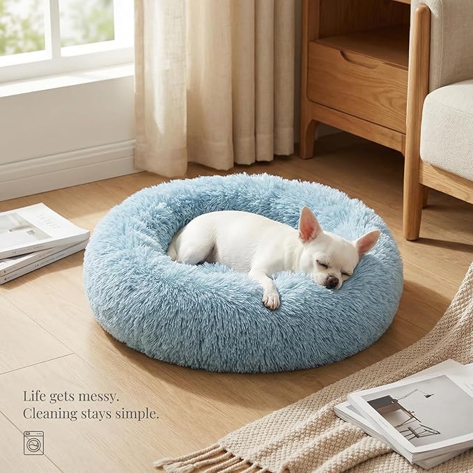 Calming Donut Dogs Beds for Small Dogs Washable,19inch Fluffy Round Puppy Bed for Puppies,Cats & Toy Breeds with Raised Rim,Fits up to 15 lbs Pets,Washed Blue