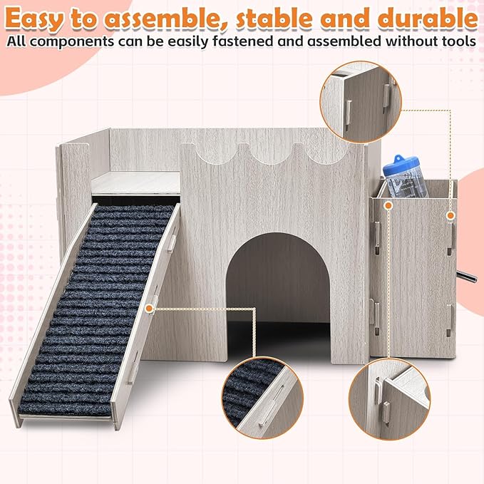 PINVNBY Large Wooden Guinea Pig Hideout with Water and Hay Feeder Ramp Easy to Assemble Wood Bunny Castle Hamster House for Small Animal Chinchilla Rat Rabbit Bunny Hedgehog