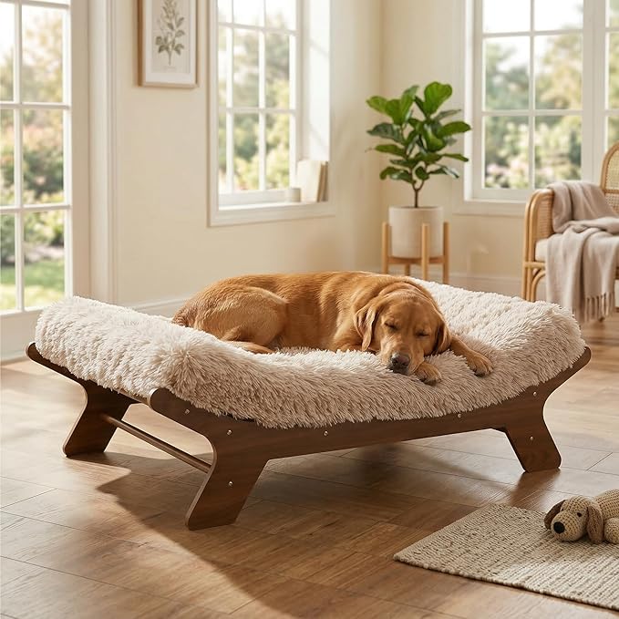 Muihood Wood Elevated Dog Bed Frame and Egg Crate Foam Mattress, Luxurious Suitable for Pets Up to 80 lbs, Walnut Grain Pattern, L