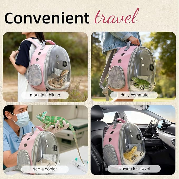 Bearded Dragon Travel Backpack Carrier with Reptile Thermometer and Humidity Gauge Lizard Travel Cage Space Capsule Clear Bubble Window Astronaut Reptile Carrier Bag for Ball Python (Pink, Backpack)