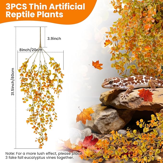 RAINFLOW 3 PCS Fake Hanging Ferns - Fake Eucalyptus Vines for Bearded Dragon Snake Geckos Hermit Crab Lizard Chameleon Reptile Decor(Orange)