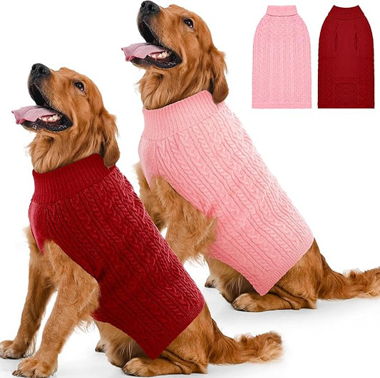 2 Pack Dog Sweaters for Large Dogs Winter Turtleneck Pullover Cable Knit Fleece Stretch Pitbull Labrador Golden Retriever Doberman Bulldog Boy Girl Pet Clothes (XXL, Pink & Red)