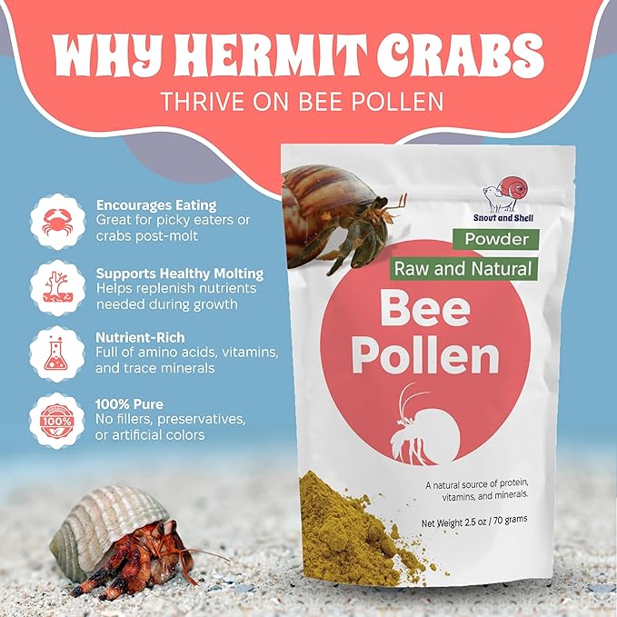 Snout and Shell Bee Pollen Powder for Hermit Crabs – Natural Food Supplement for Molting & Recovery – Auto Feeder Safe Powder Food Topper – No Filler Crab Nutrition Booster – 2.5 oz