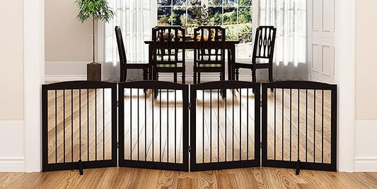PUPETPO Freestanding Pet Gate for Dogs, Foldable Wooden Dog Gate for House, Indoor Dog Gate for Stair, Doorway, Gates for Dogs Indoor, 80 Inch Wide, 4 Panels 24",Brown