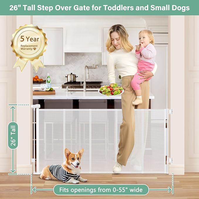 Reinforced 26 Inch Tall Retractable Baby Gates to Step Over 55" Wide Small Outdoor Retractable Child Gates for Doorways Short Retractable Dog Gates for Baby Indoor Retractable Stairs Gate for Kids