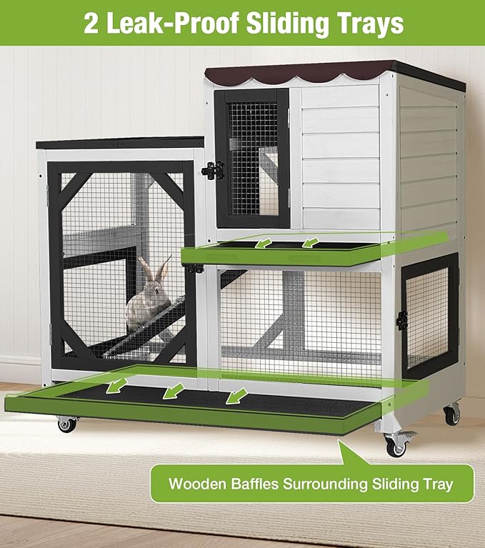 GUTINNEEN Duplex Rabbit Hutch Indoor with Chew-Proof Frame & 2 Leak-Proof Sliding Trays, Rain Cover, Wooden Guinea Pig Cages with Wheels - Black and White