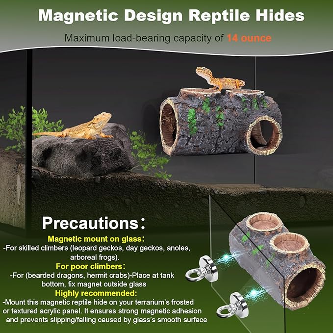 MECESOR Magnetic Reptile Hide with Waterer & Feeder Trough,Resin Hollow Tree Gecko Hideout Cave,Non-Toxic Climbing Toy Terrarium Decor for Green Anole,Tree Frog Climbing Accessories,Grey