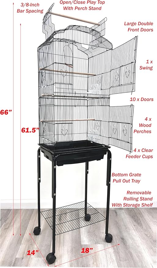 Large Open/Close Top Bird Cage Side Breeding Nest Box Doors Easy Clean Pull Out Tray Clear Feeder Cups for Canary Parakeet Cockatiel Lovebird Finches with Removable Rolling Stand