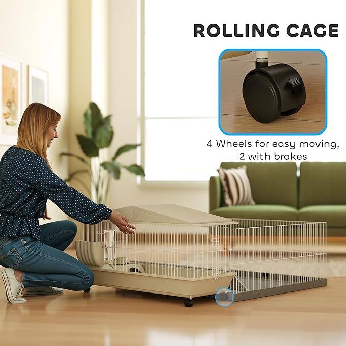 PawHut Small Animal Cage, Guinea Pig Cage with Removable Pet Playpen, Waterproof Pad, Food Dish, Water Bottle, Hay Feeder, Soft-Covered Ramp, Wheels, Hideaway, Balcony, for Hedgehog, Guinea Pig