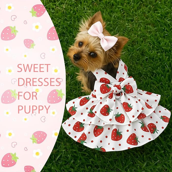 Dog Dress Bowknot Harness Leash Set for Small Dogs Red Strawberry Dog Cat Clothes Cute Puppy Outfits Pet Clothes Spring Summer Breathable Dresses(X-Samll)